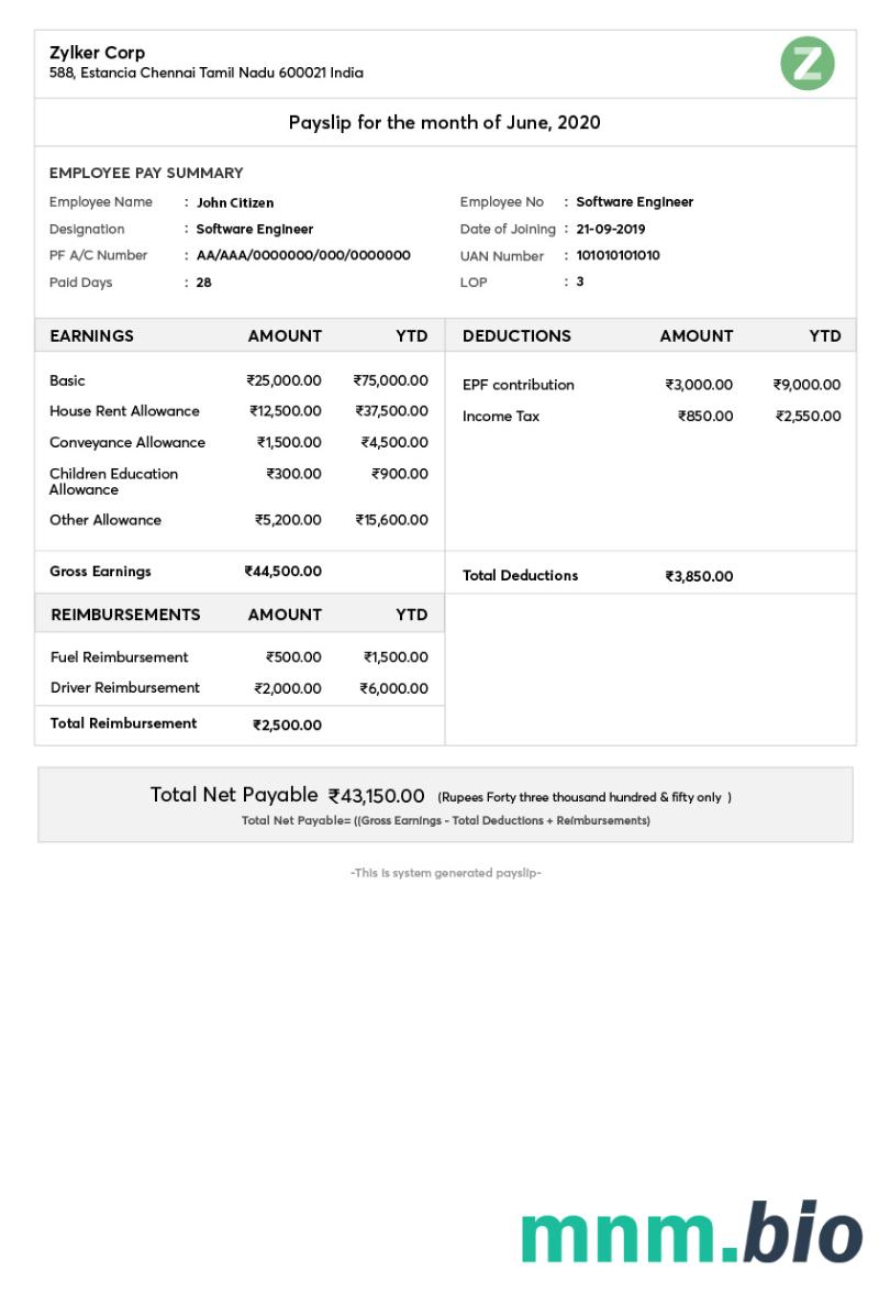Szablon odcinka wypłaty Indie zylker corporation w formatach Word i PDF